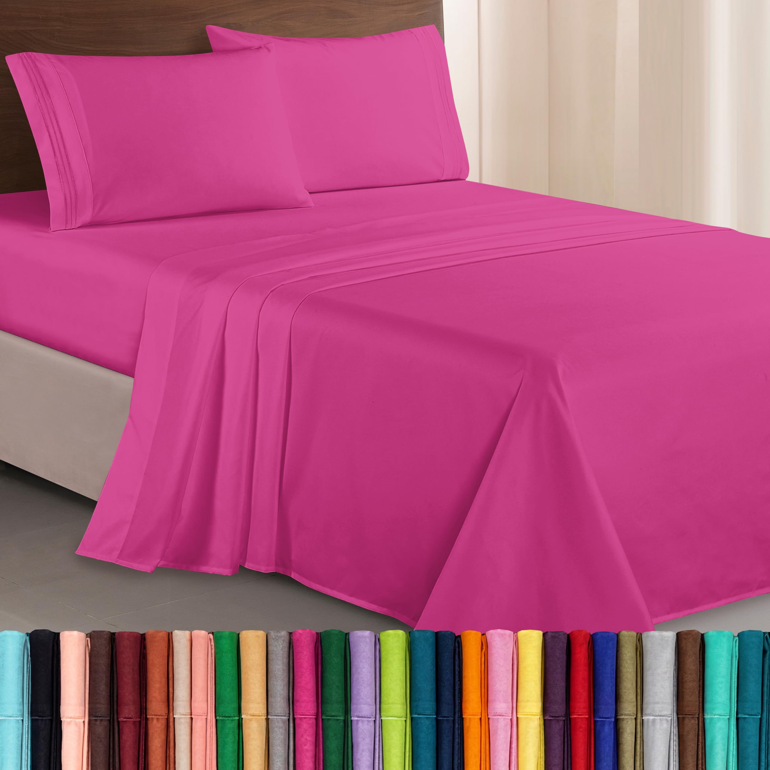 Elegant Comfort front packaging showing hot pink king sheet set and product benefits