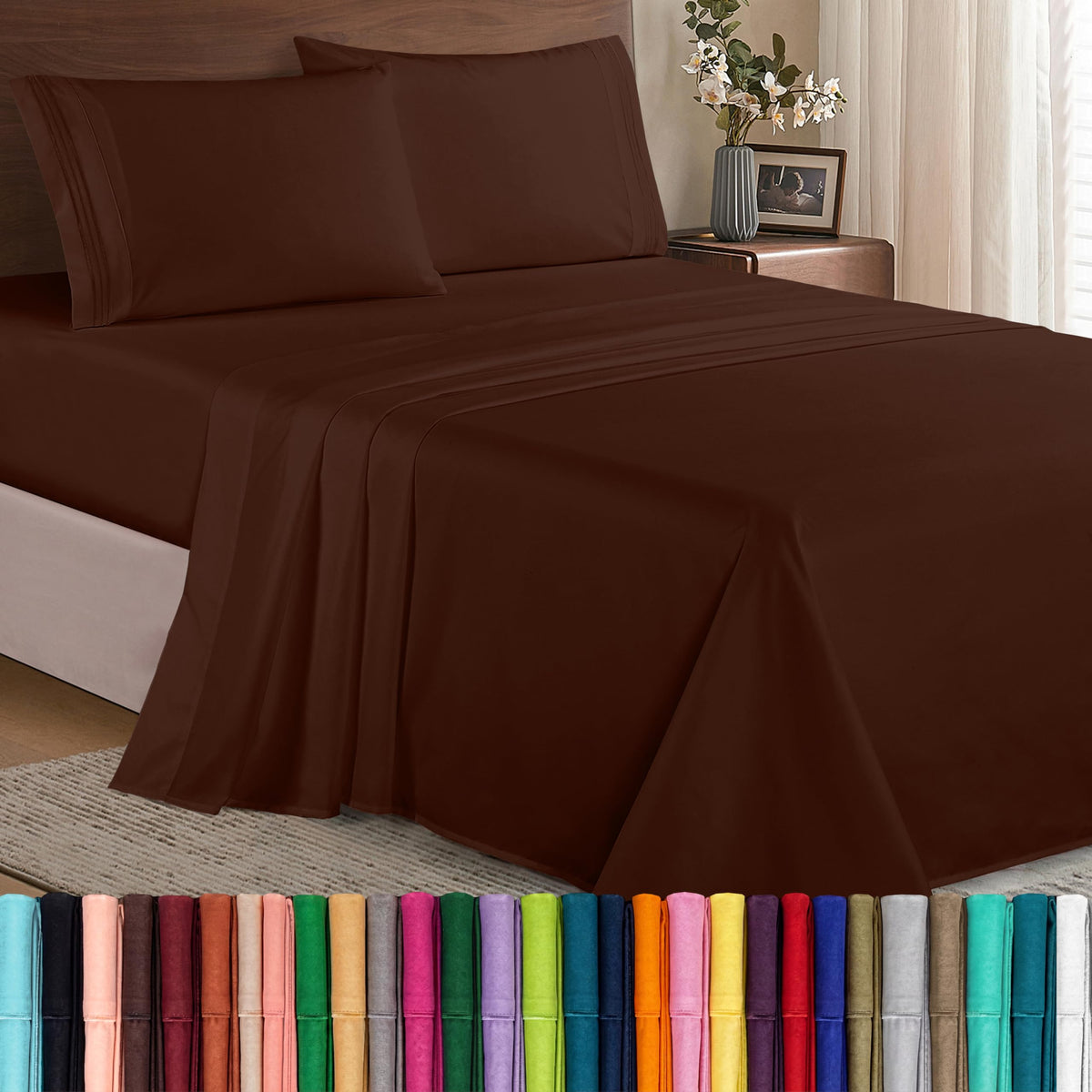 Elegant Comfort front packaging view showing Queen brown set and premium appeal
