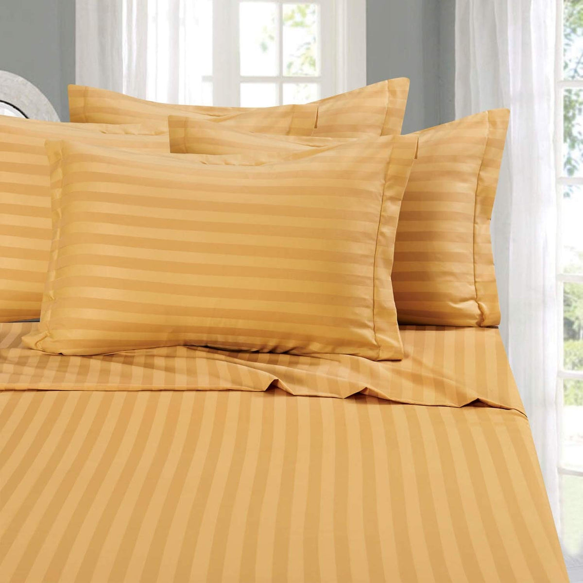 Elegant Comfort front view of queen camel gold sheet set, showcases polished look