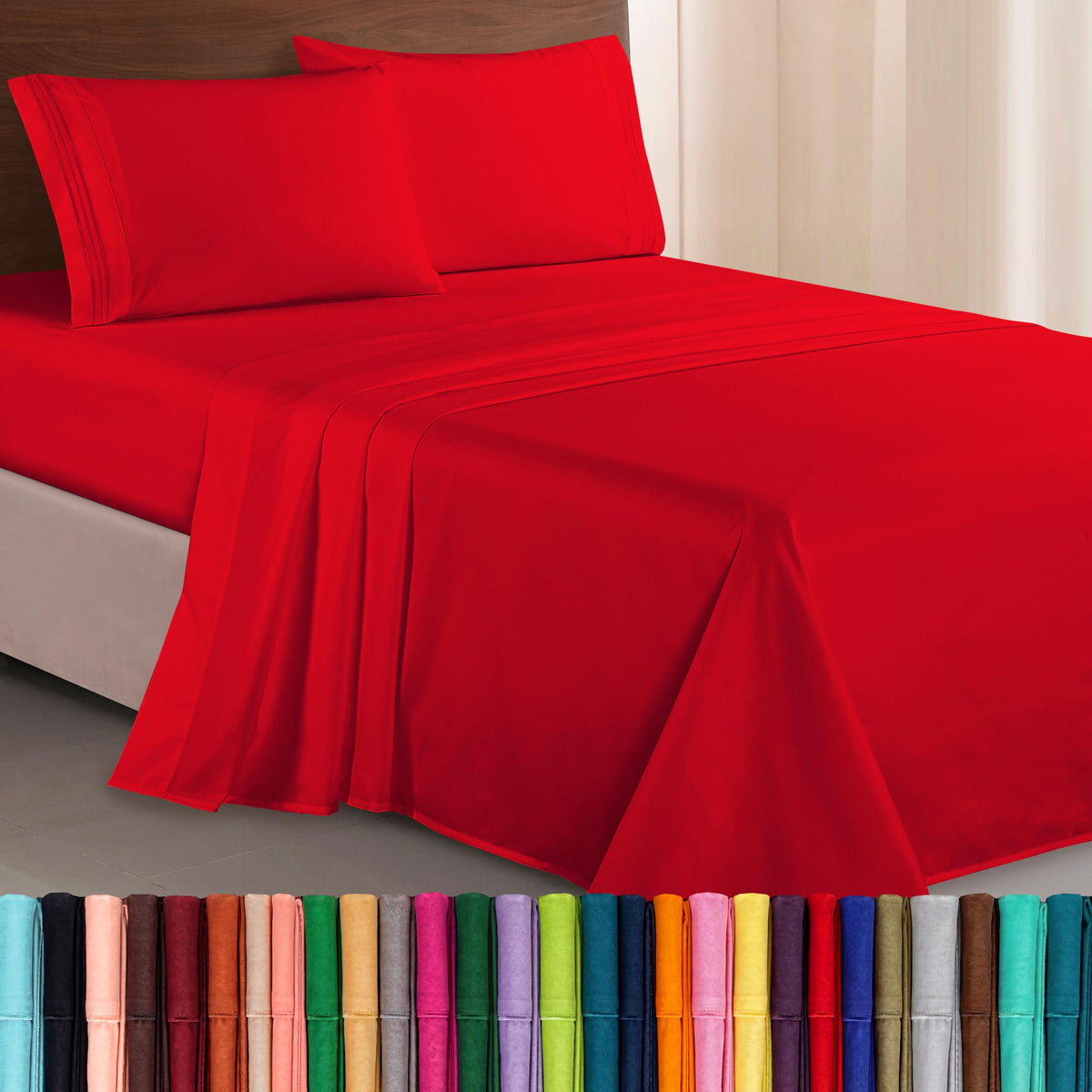 Elegant Comfort front packaging showing red California King set and contents benefit: clear product info