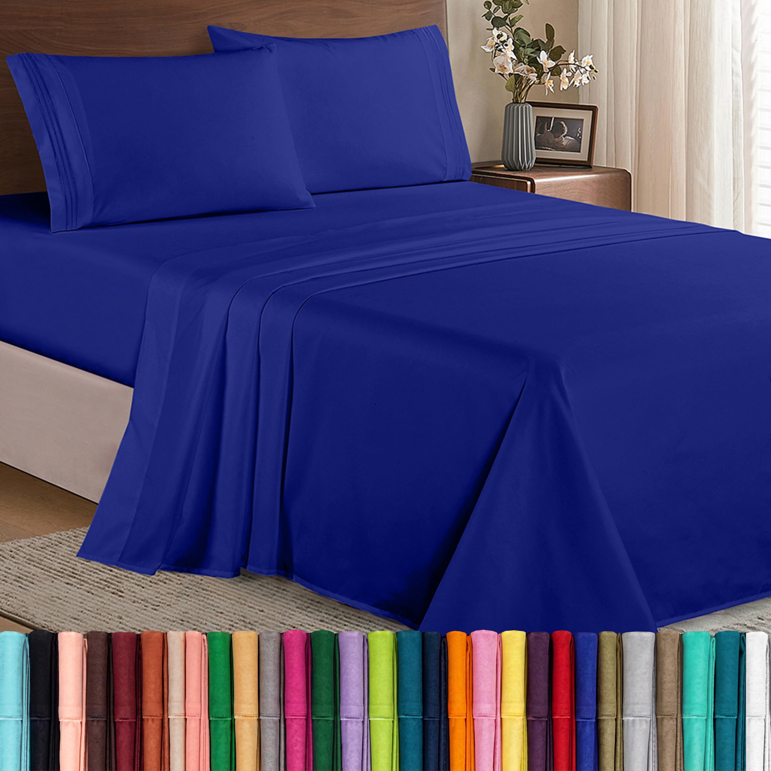 Elegant Comfort front view of royal blue sheet set showing tidy packaging and inviting color