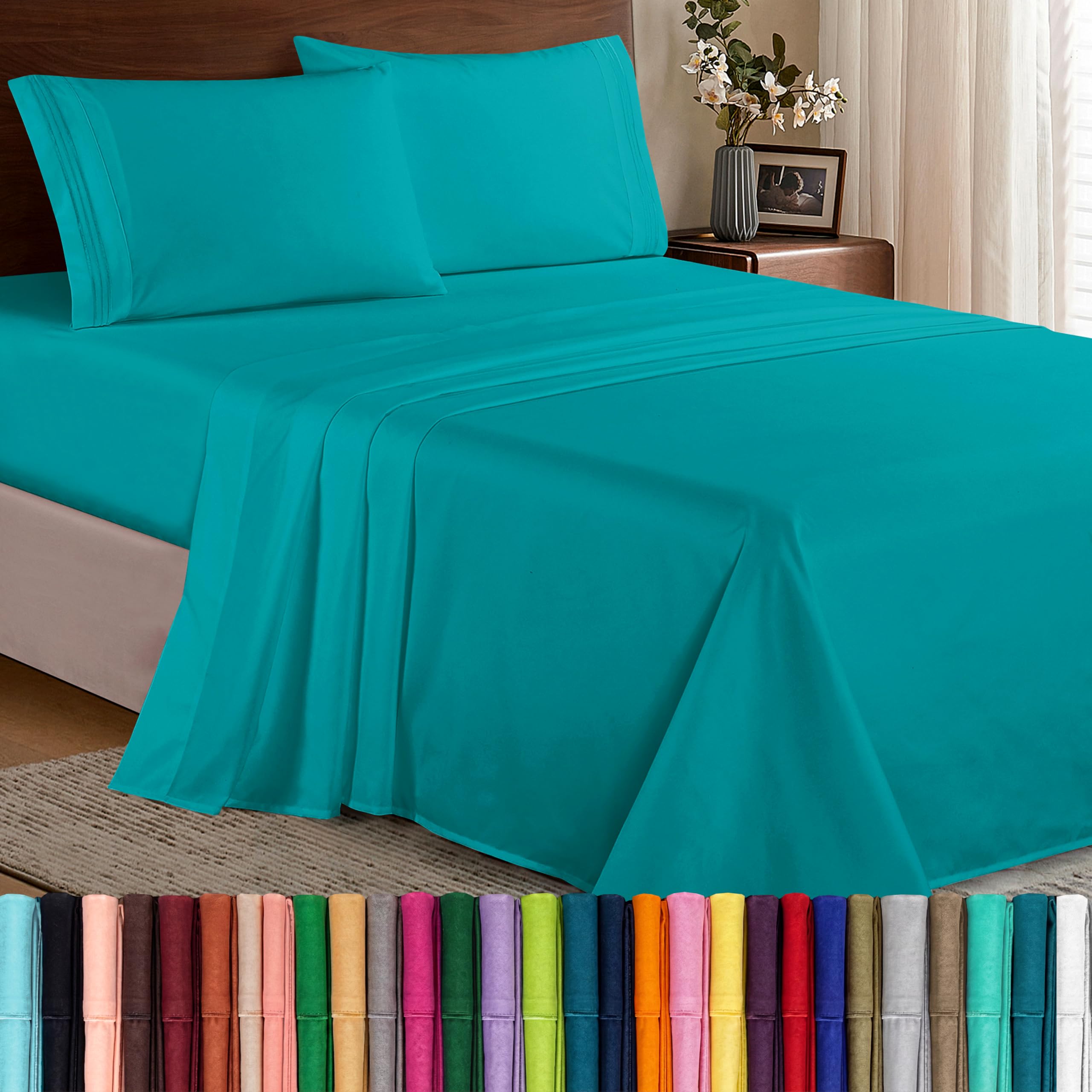Elegant Comfort front packaging showing turquoise sheets and hotel-quality look