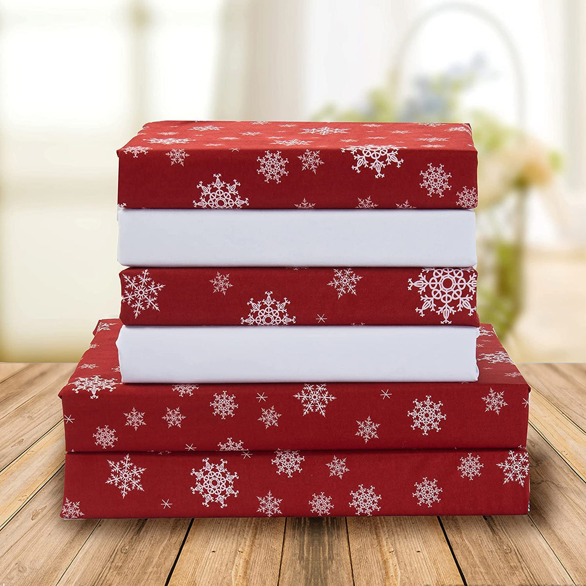 Elegant Comfort Snow Flake Burgundy front view showing full king sheet set and festive pattern benefit