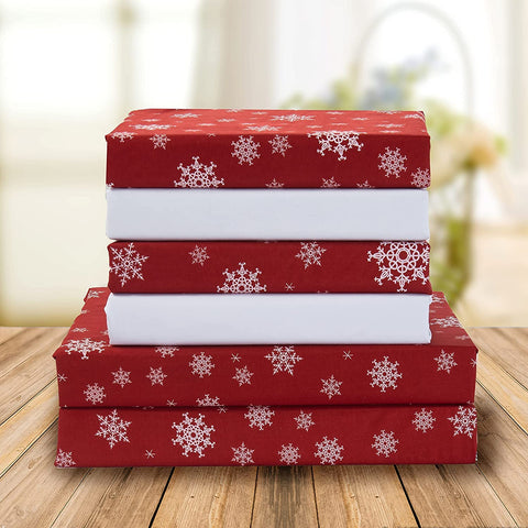 Elegant Comfort Snow Flake Burgundy front view showing full king sheet set and festive pattern benefit