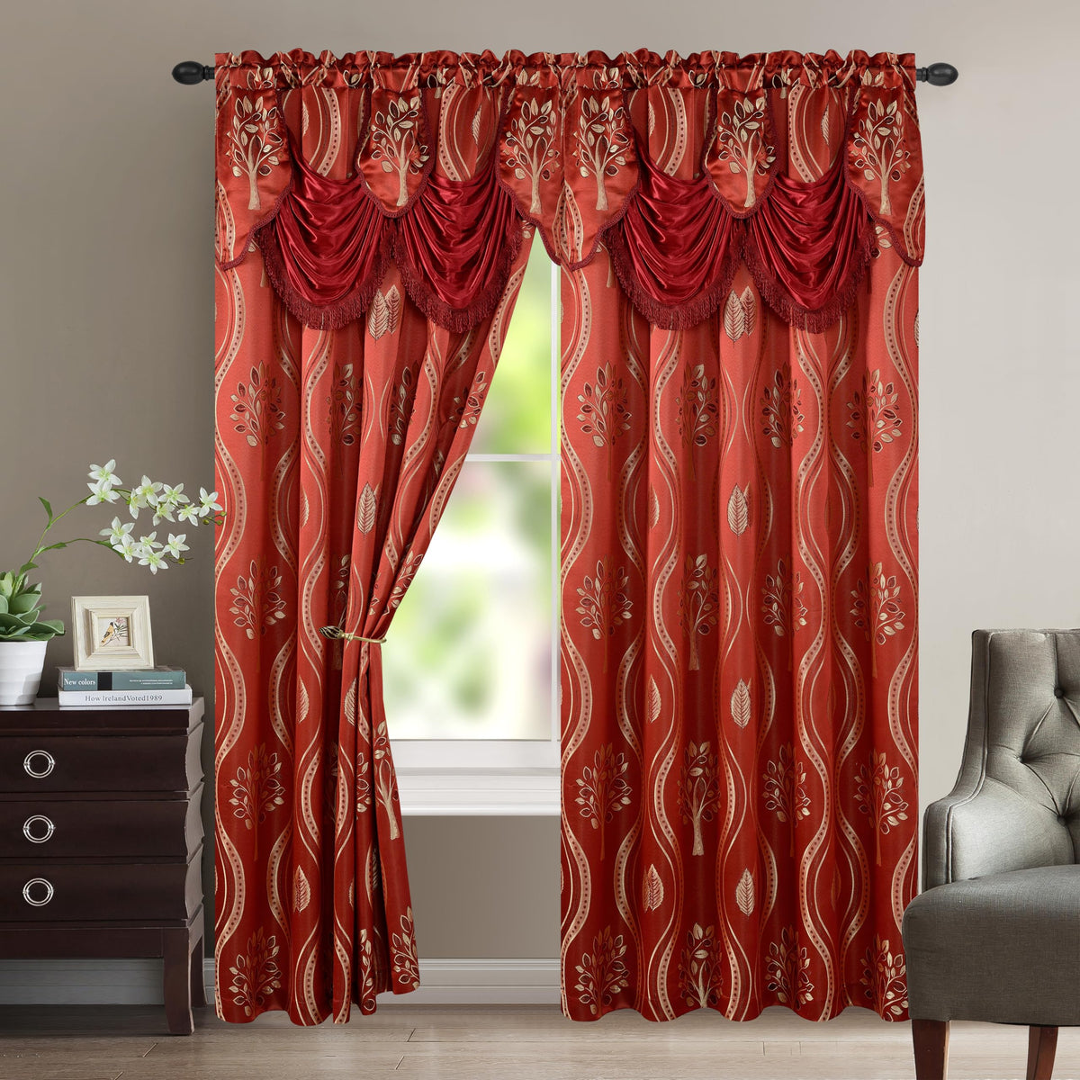 Elegant Comfort front view burgundy panels showing polished window coverage benefit