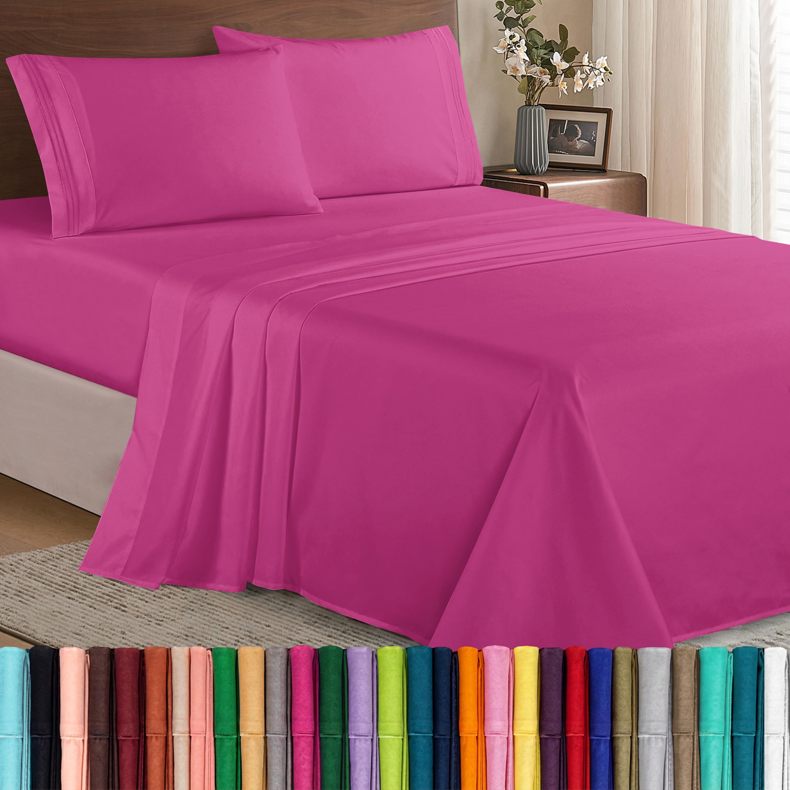 Elegant Comfort front view showing hot pink sheet set and neat corners for a tidy bed