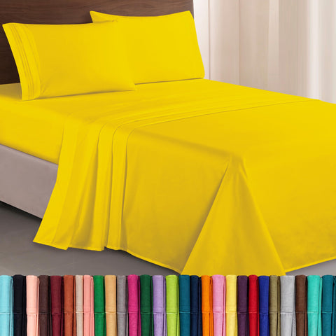 Elegant Comfort king sheet set front packaging showing yellow color and neat fold, highlights premium look