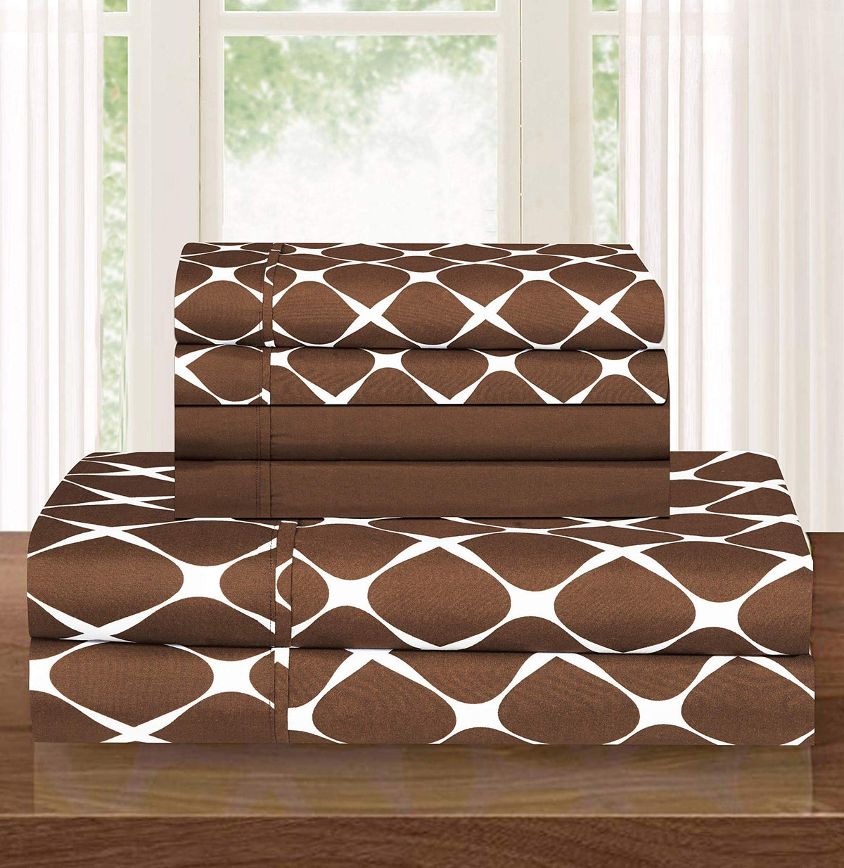 Elegant Comfort king sheet set front view showing full chocolate brown bedding and neat tuck