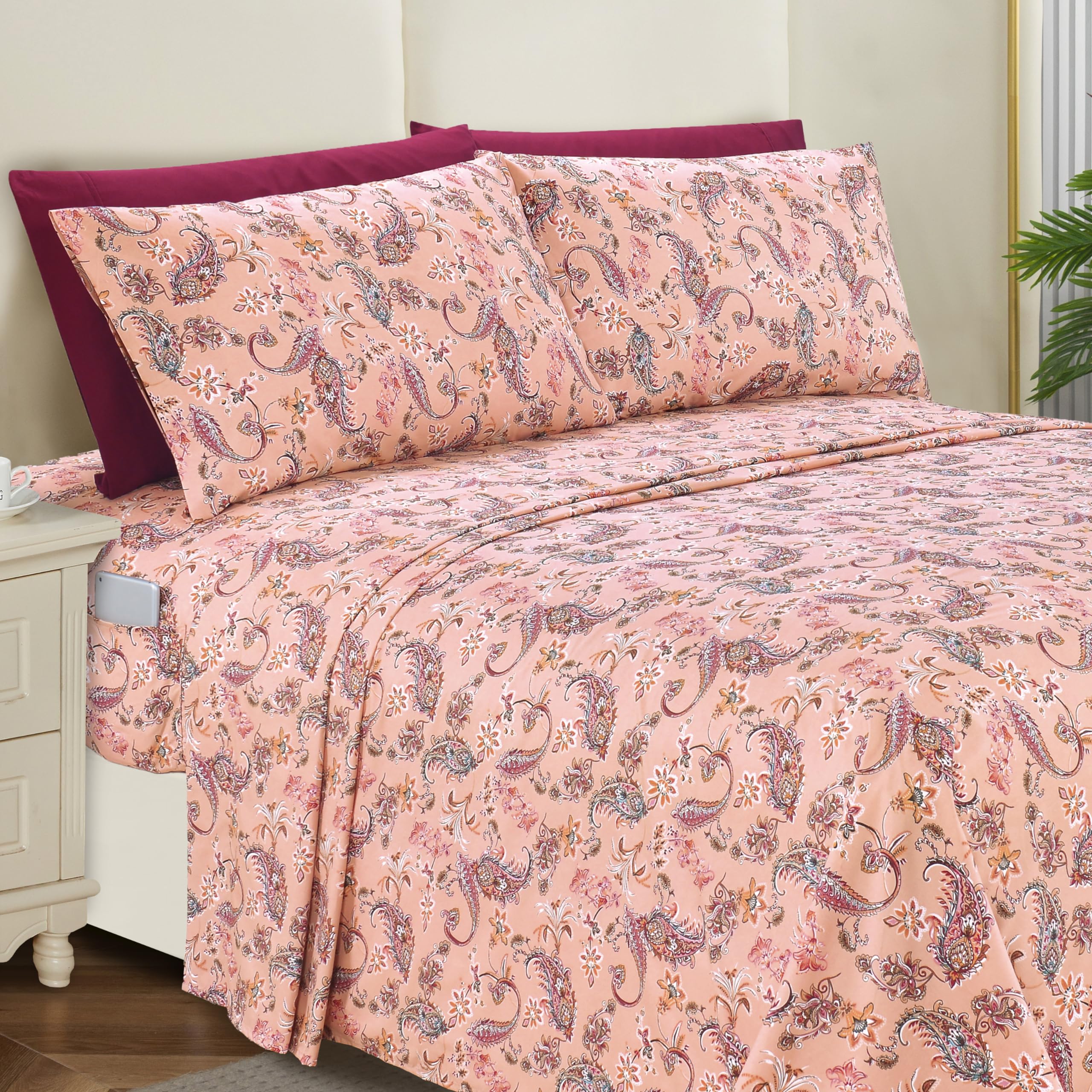 Elegant Comfort front view of paisley coral sheet set showing full bed styling and neat fit