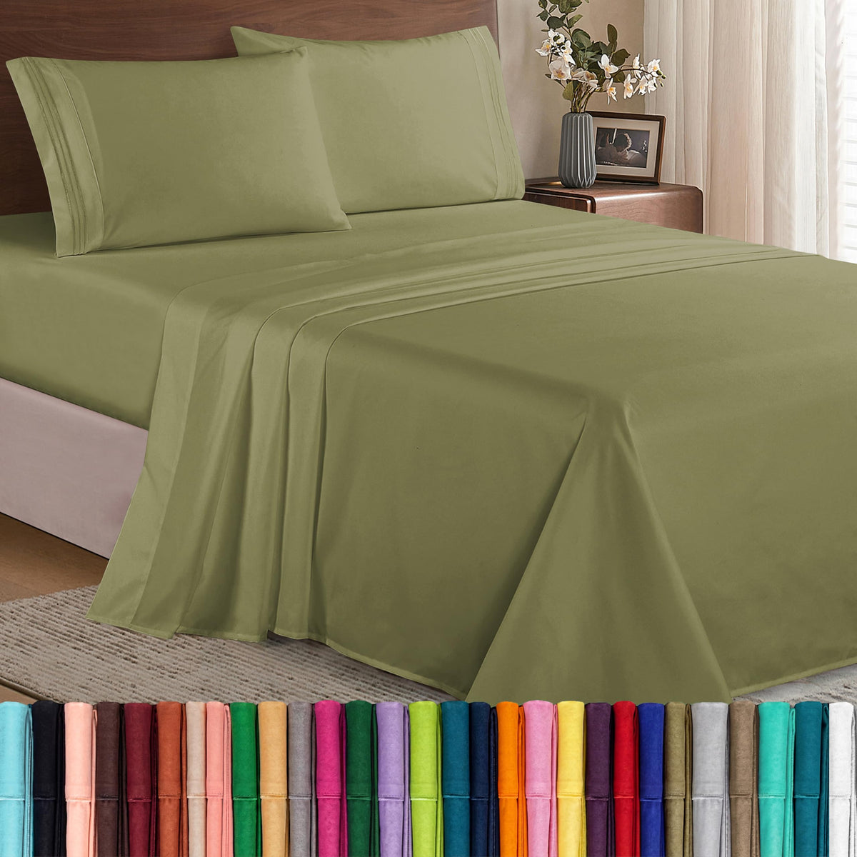 Elegant Comfort front packaging showing queen 4-piece set and color benefits