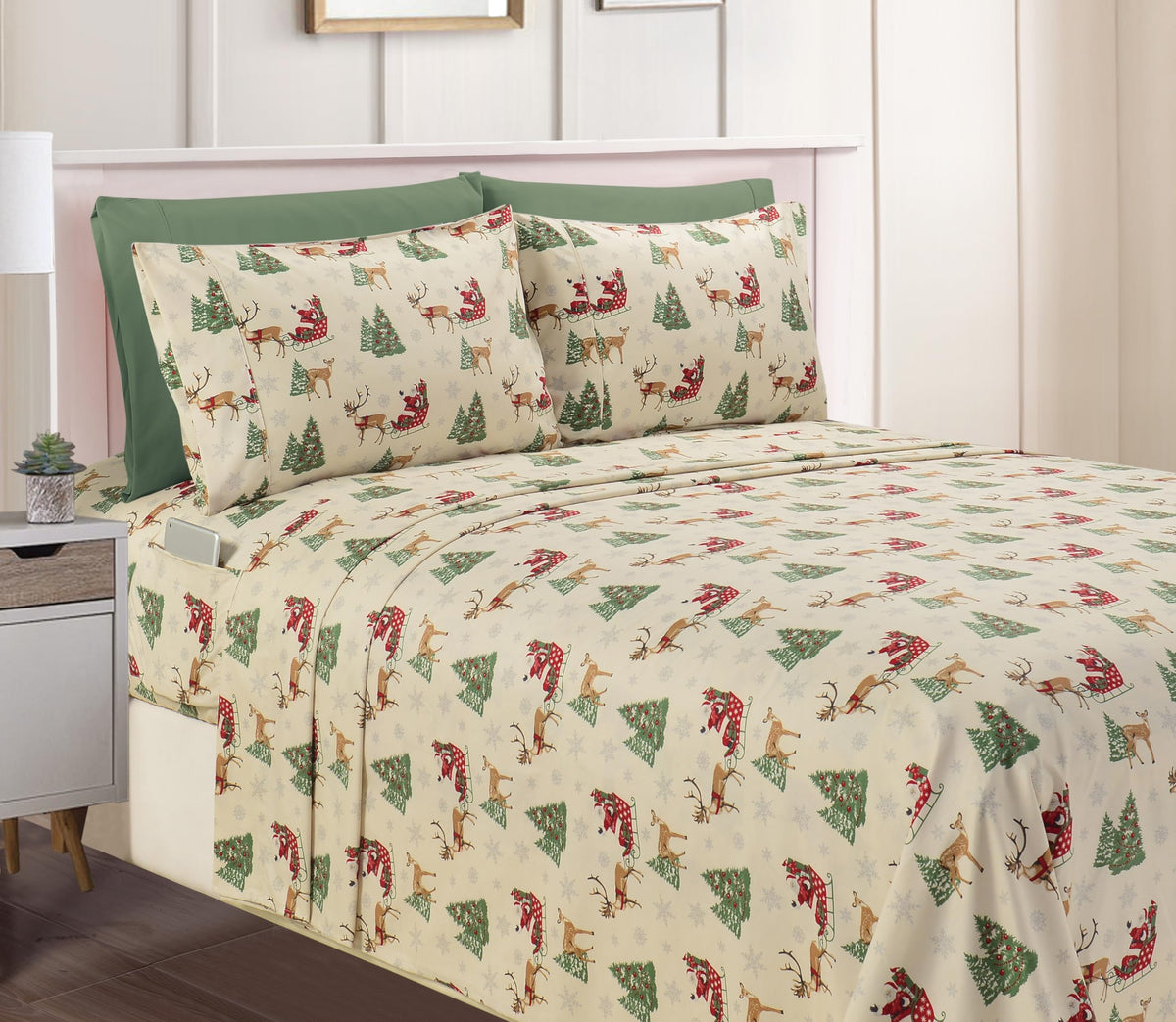 Elegant Comfort front packaging showing Santa Moose set and easy-care benefits