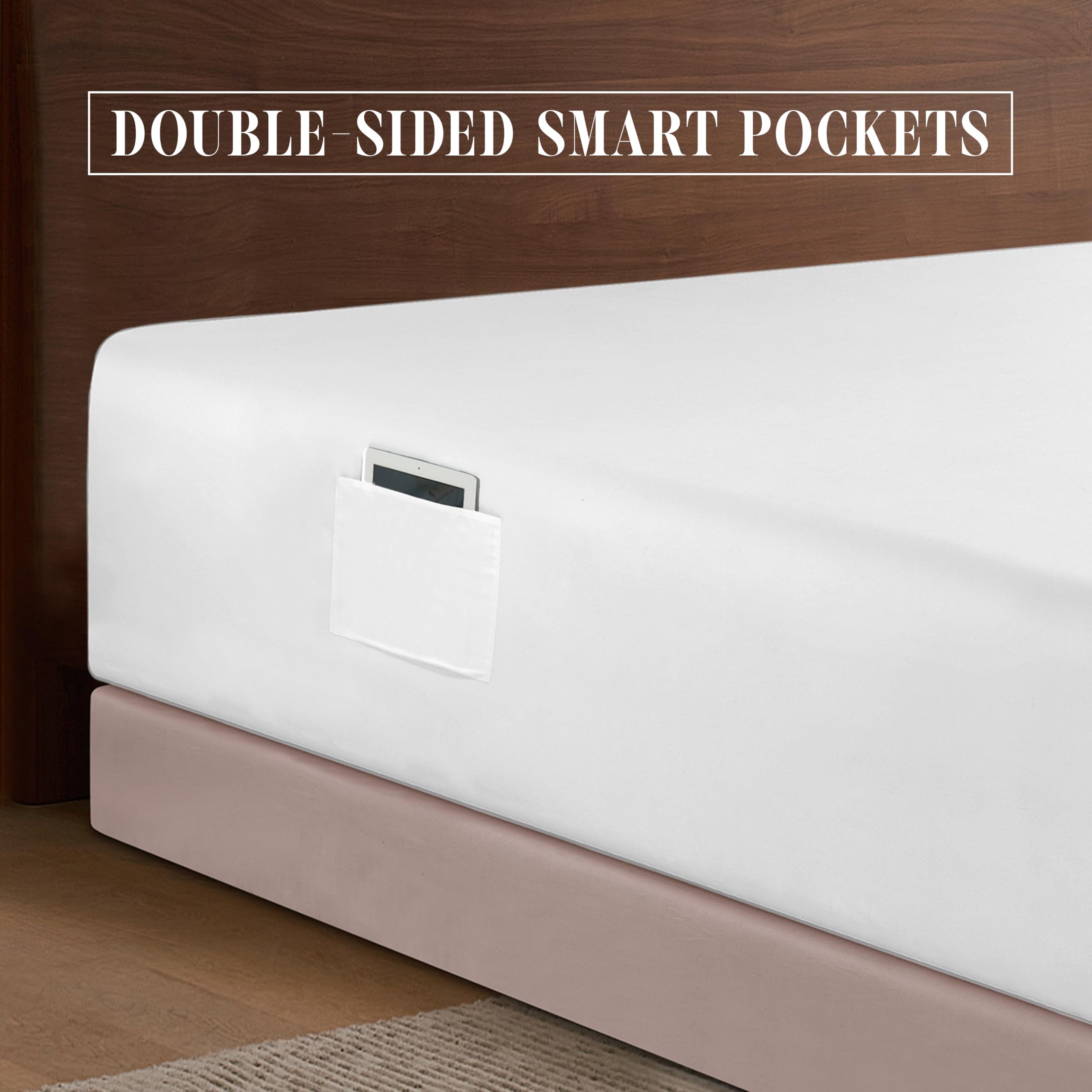 Elegant Comfort close detail of double-sided storage pocket holding phone and glasses