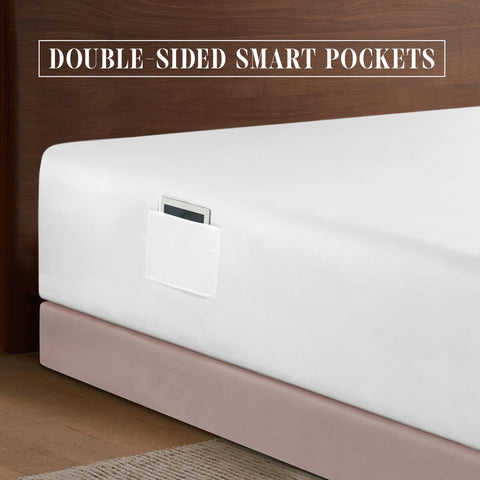 Elegant Comfort close detail of double-sided storage pocket holding phone and glasses