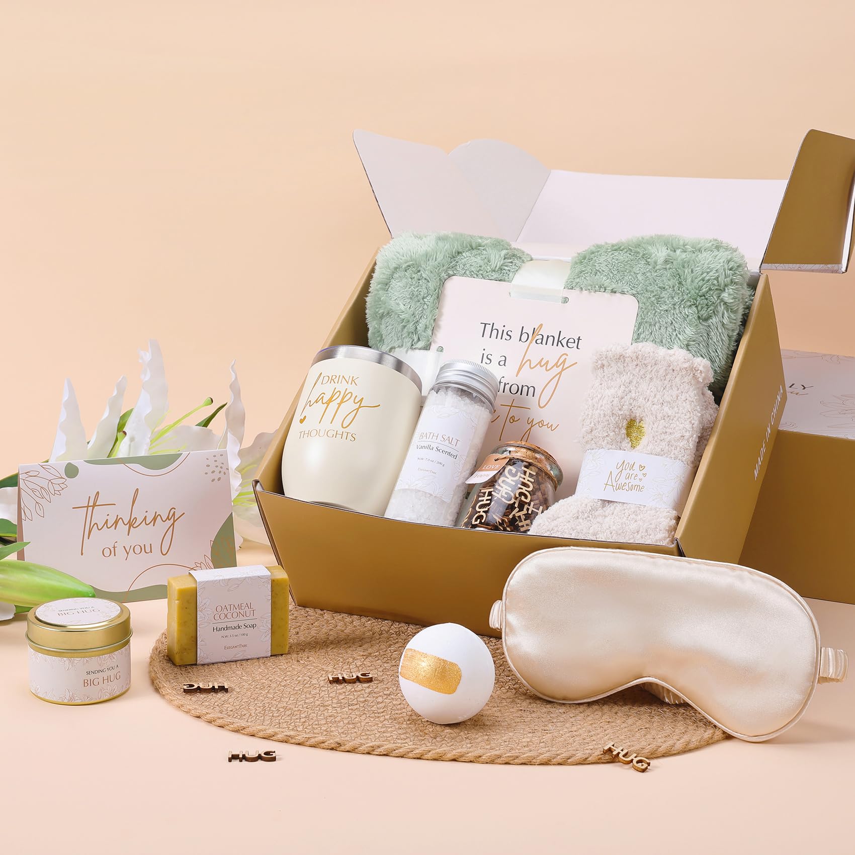 ELEGANTPARK candle with bath salts staged for soothing at-home spa ambiance