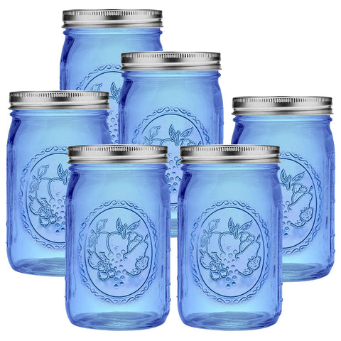 eleganttime front view of six blue 32 oz jars showing included lids and bands