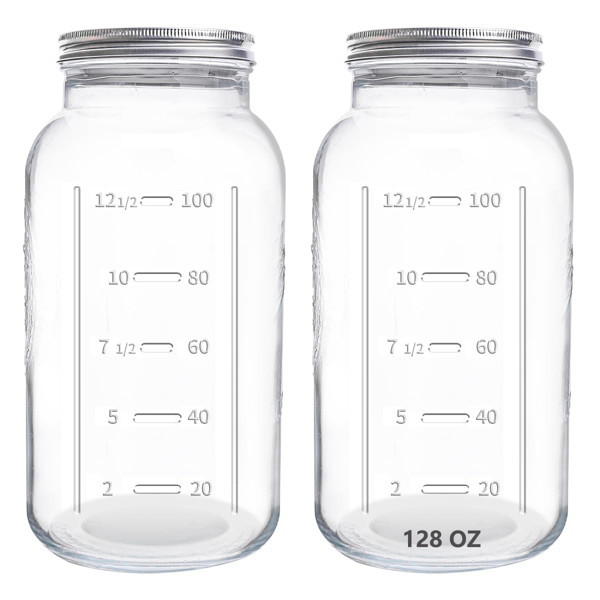 eleganttime front view of two 128 oz mason jars showing full set and lids for bulk storage