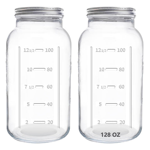 eleganttime front view of two 128 oz mason jars showing full set and lids for bulk storage