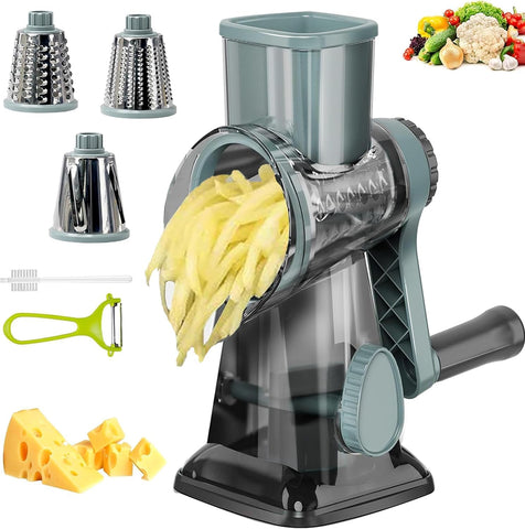 Eleko Meyar front view showing compact rotary grater and filled drum for quick shredding
