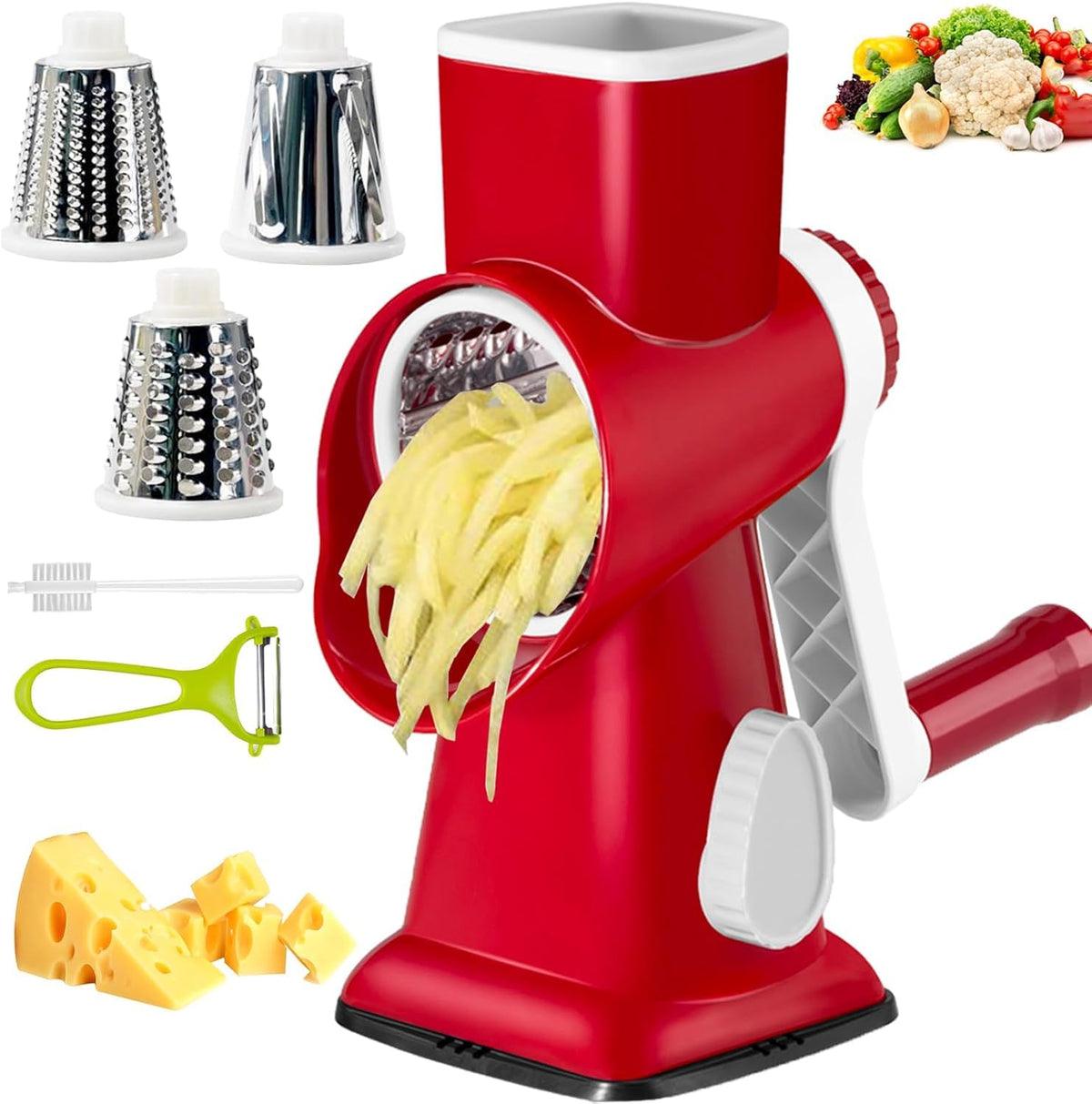 Eleko Meyar front view showing compact rotary grater and handle, space-saving benefit