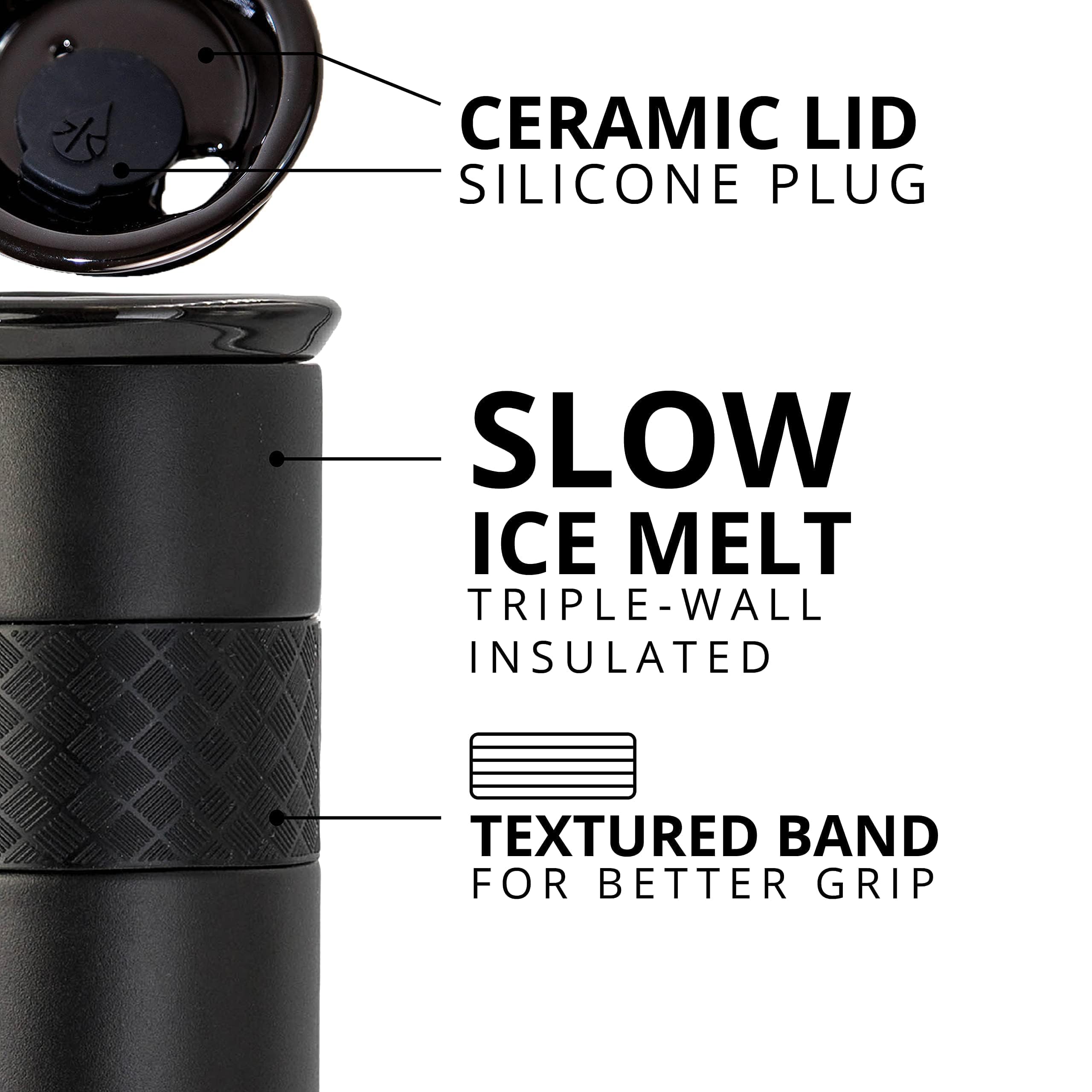 Elemental Artisan ceramic lid closeup highlighting mouthfeel and easy sip benefit