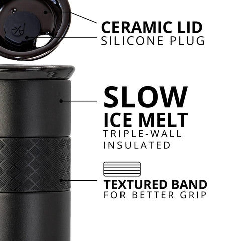 Elemental Artisan ceramic lid closeup highlighting mouthfeel and easy sip benefit