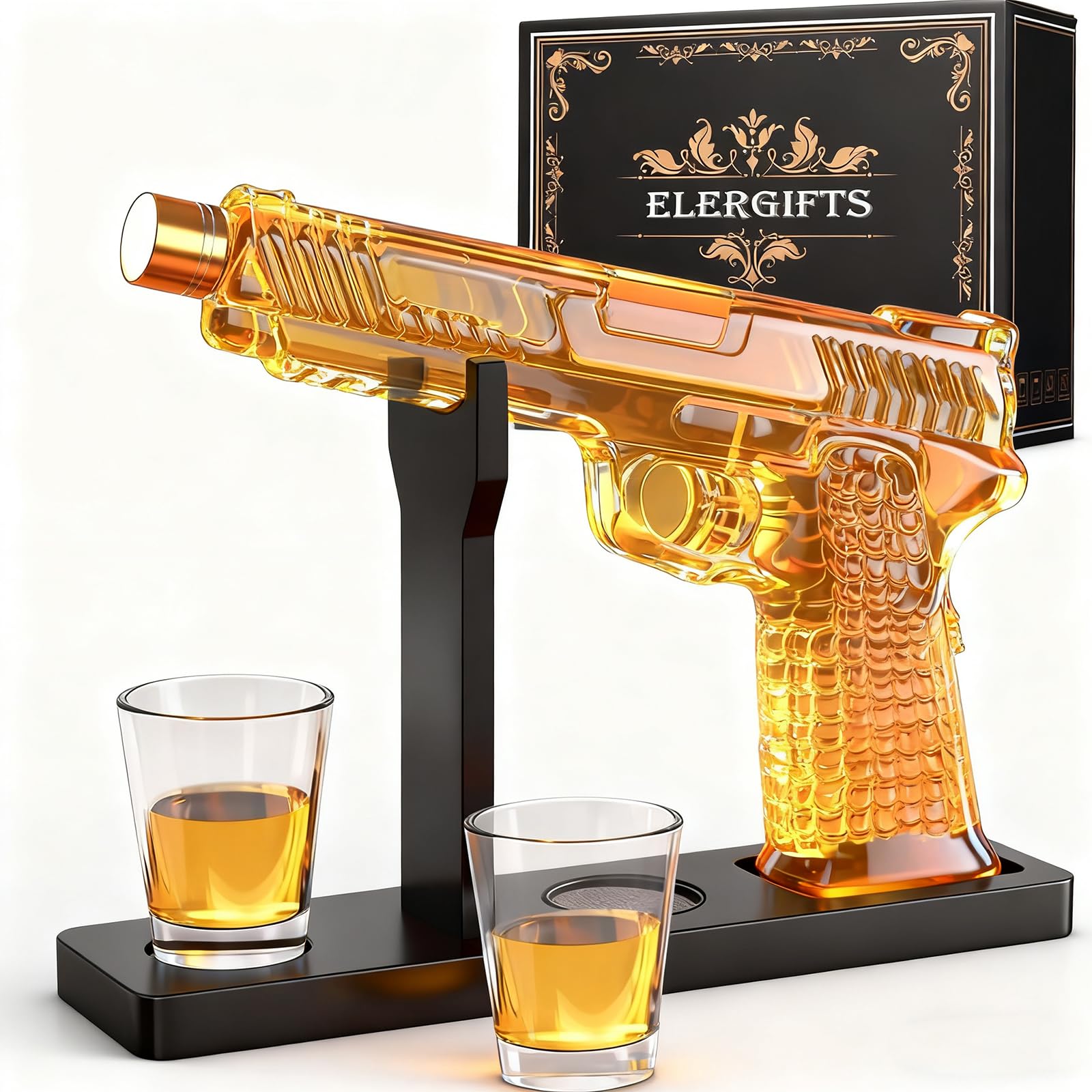 ELERGIFTS gun decanter front view showcasing bold design and display appeal