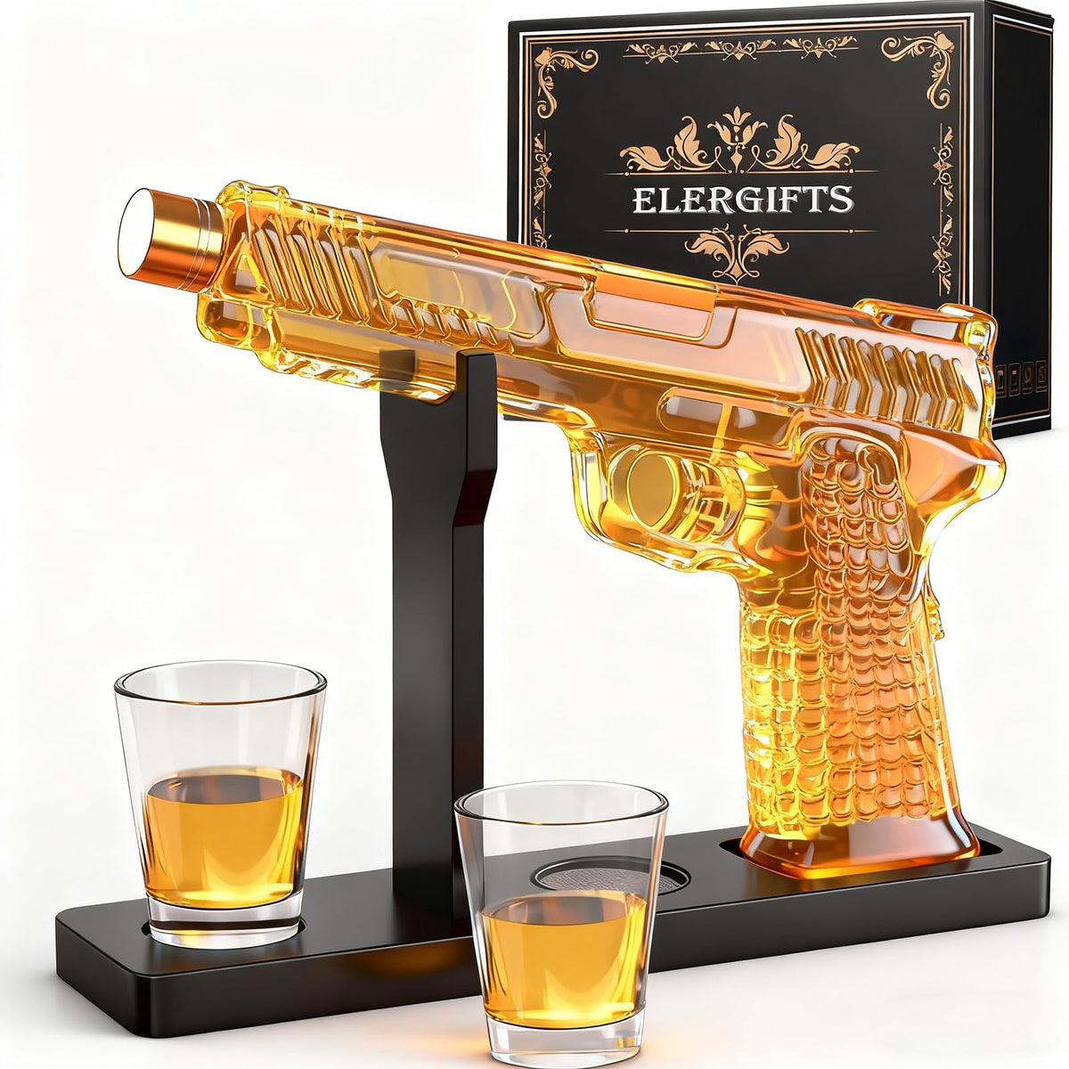 ELERGIFTS gun decanter front view showcasing bold design and display appeal
