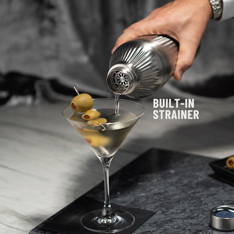 Elevated Craft integrated strainer catching ice for cleaner pours