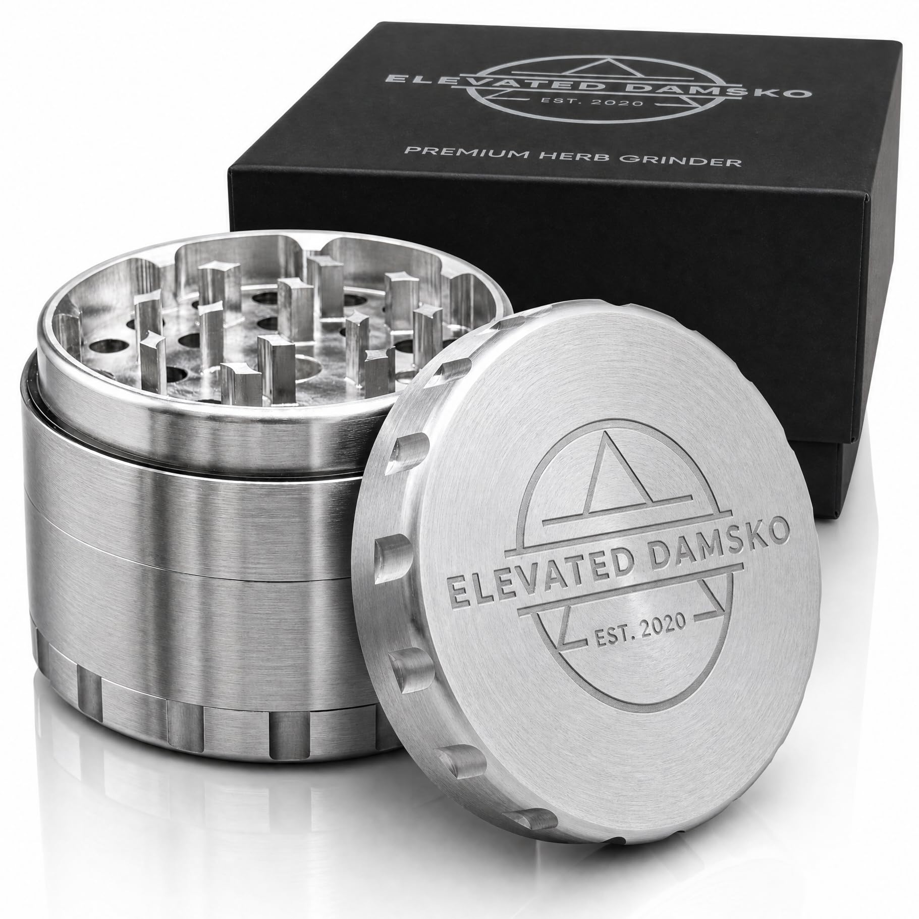 Elevated Damsko front view of grinder, sturdy and compact for everyday seasoning