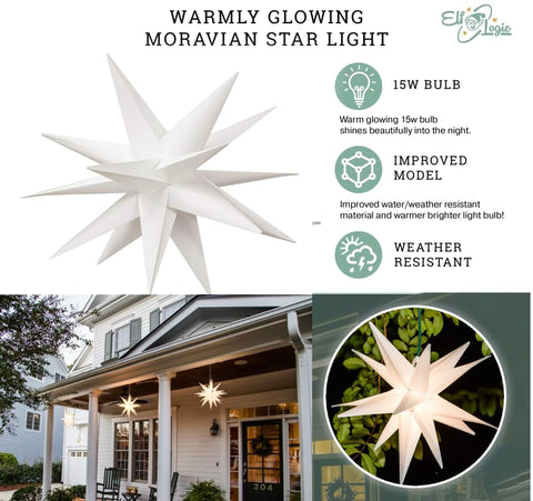 Elf Logic hanging star on a porch providing warm welcome lighting to entrance