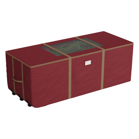 Elf Stor front view of red rolling tree bag showing size and handles for easy storage
