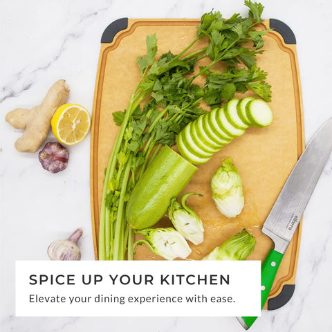 Elihome cutting board in kitchen with vegetables to speed everyday meal prep