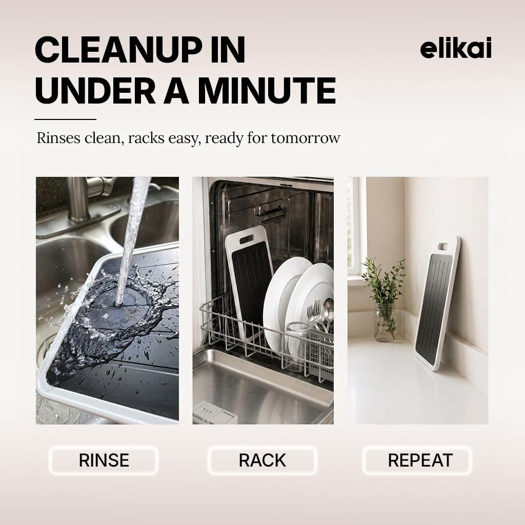 ELIKAI thawing tray in use with steak thawing evenly on countertop