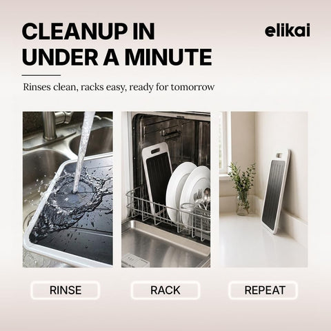 ELIKAI thawing tray in use with steak thawing evenly on countertop