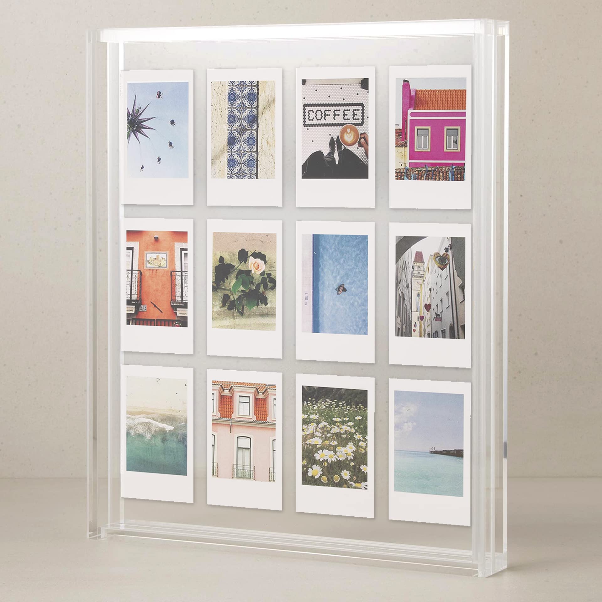 Elil brand front view clear acrylic frame showing floating photos and modern look