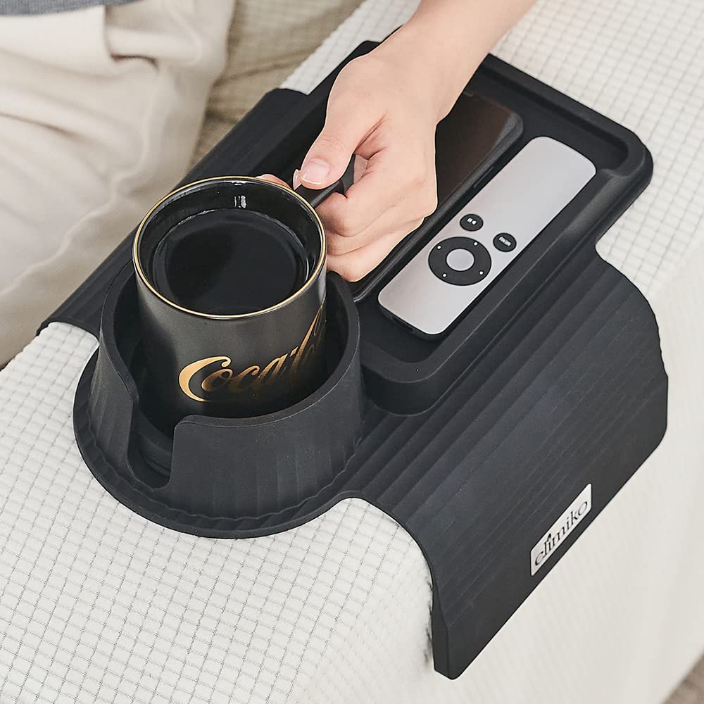 Elimiko front view on armrest showing stable beverage placement benefit