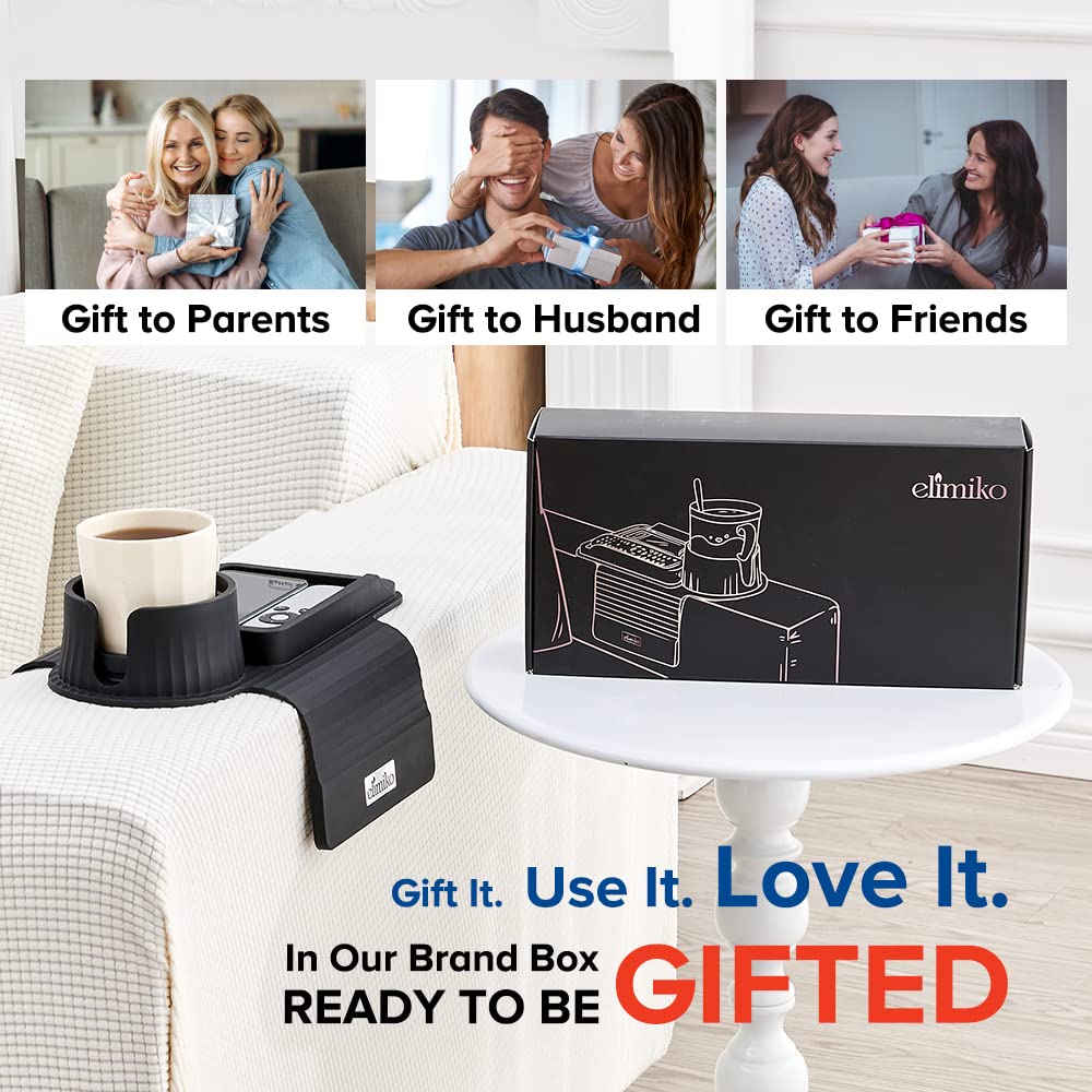 Elimiko in living room with snacks and drink for hands-free convenience benefit