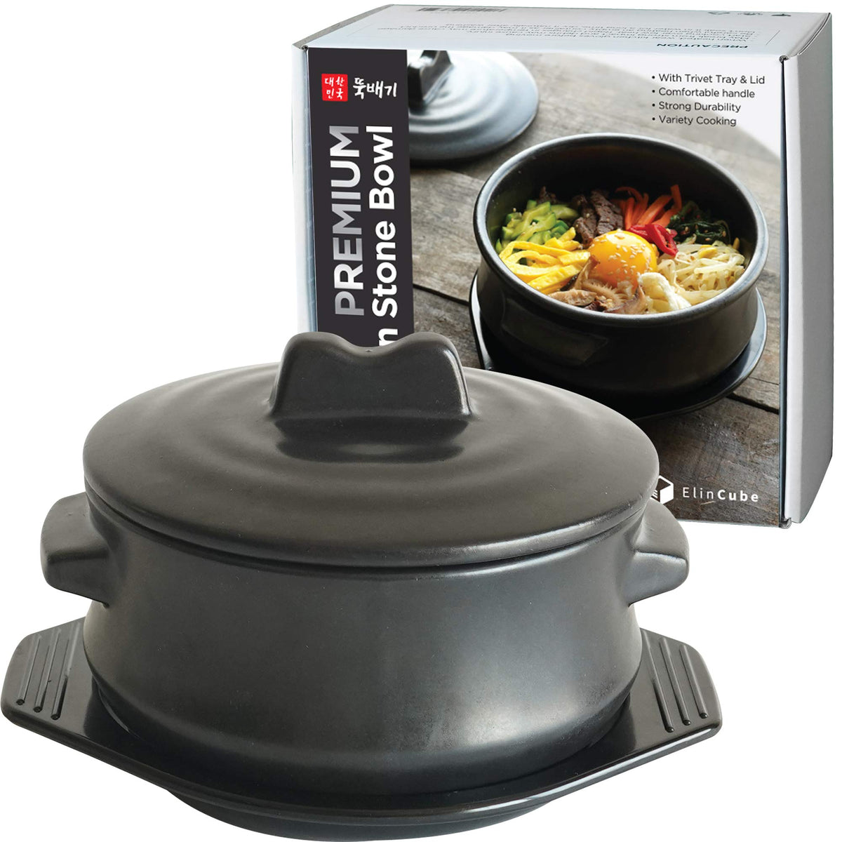 ElinCube dolsot front view showing stone bowl and lid with crisp finish