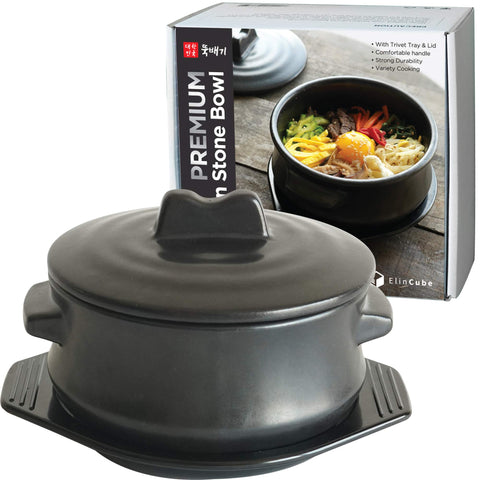 ElinCube dolsot front view showing stone bowl and lid with crisp finish