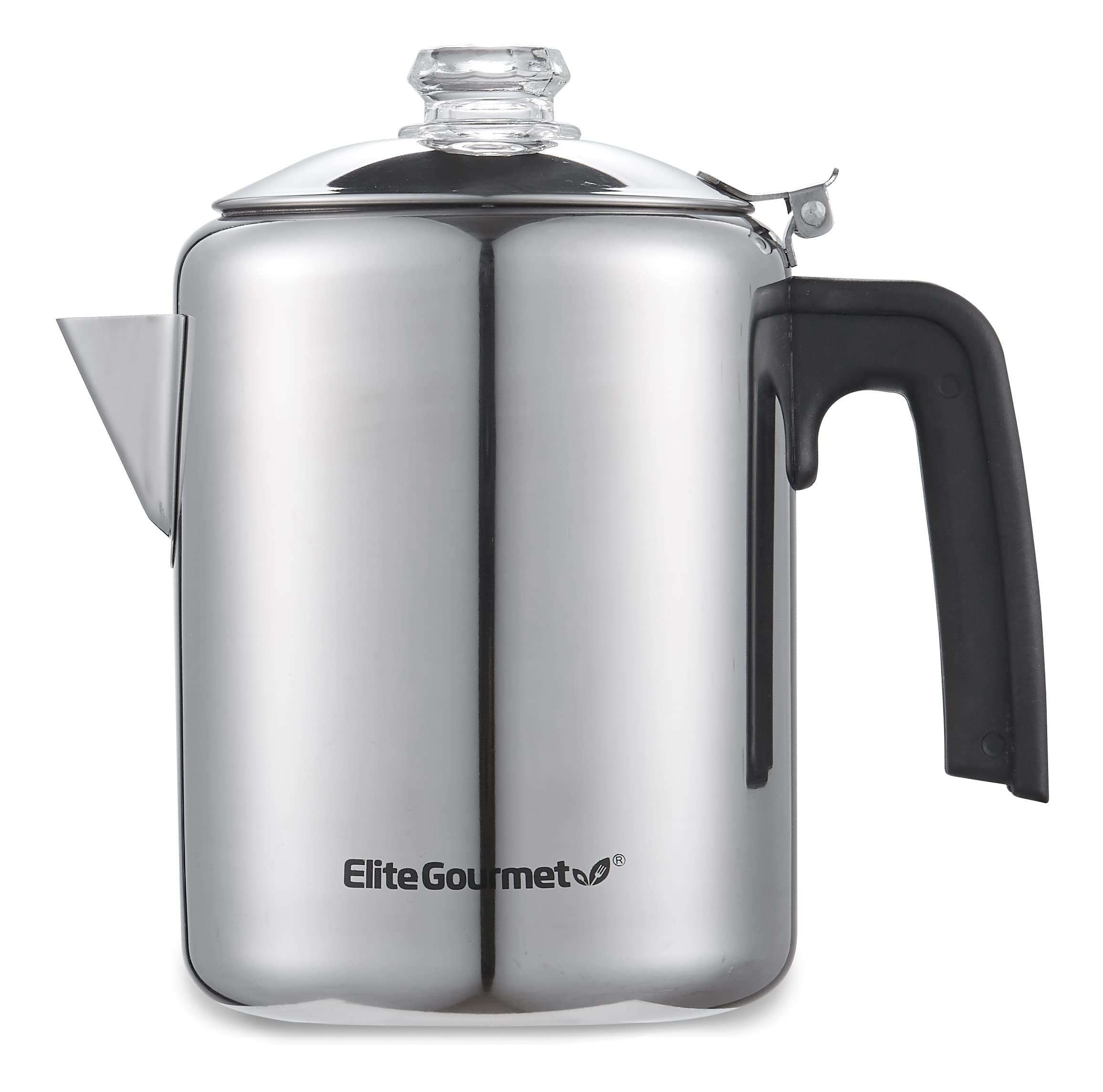 Elite Gourmet front view percolator showing polished stainless finish and capacity benefit