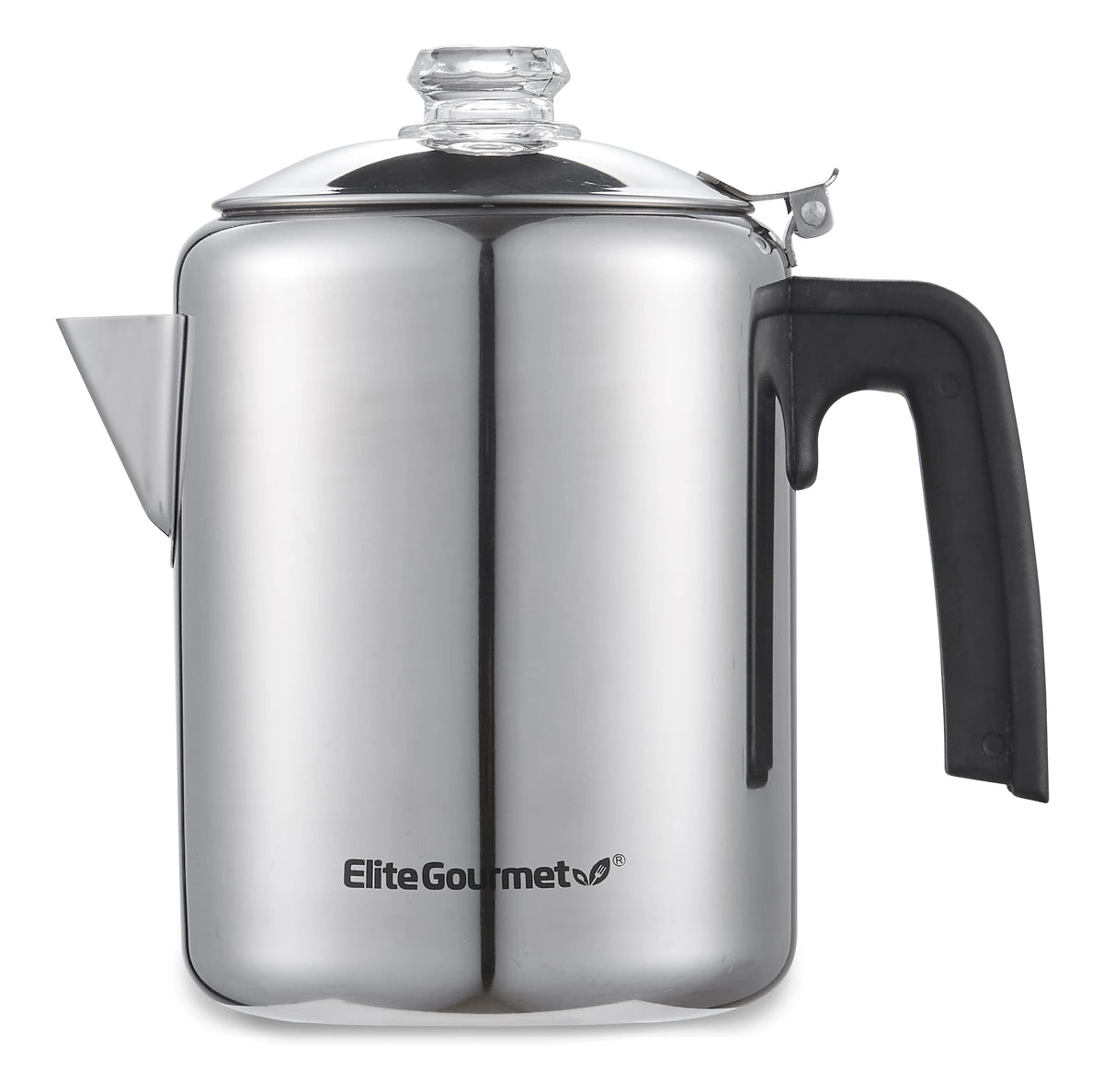 Elite Gourmet front view percolator showing polished stainless finish and capacity benefit