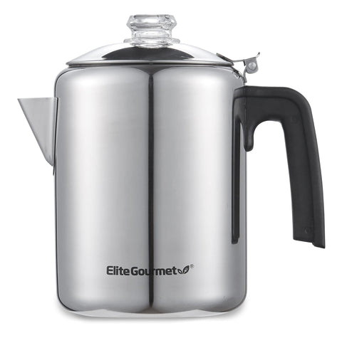 Elite Gourmet front view percolator showing polished stainless finish and capacity benefit
