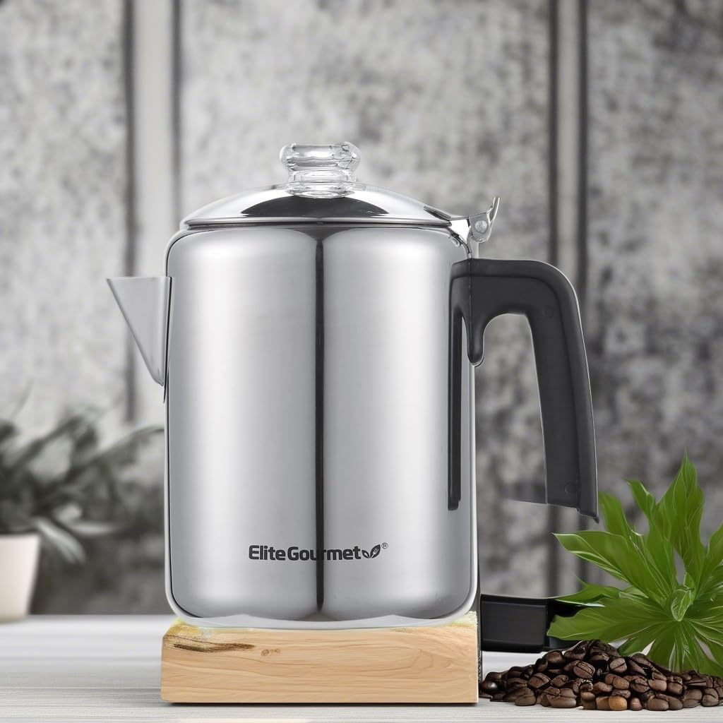 Elite Gourmet percolator on campfire demonstrating outdoor durability and travel use