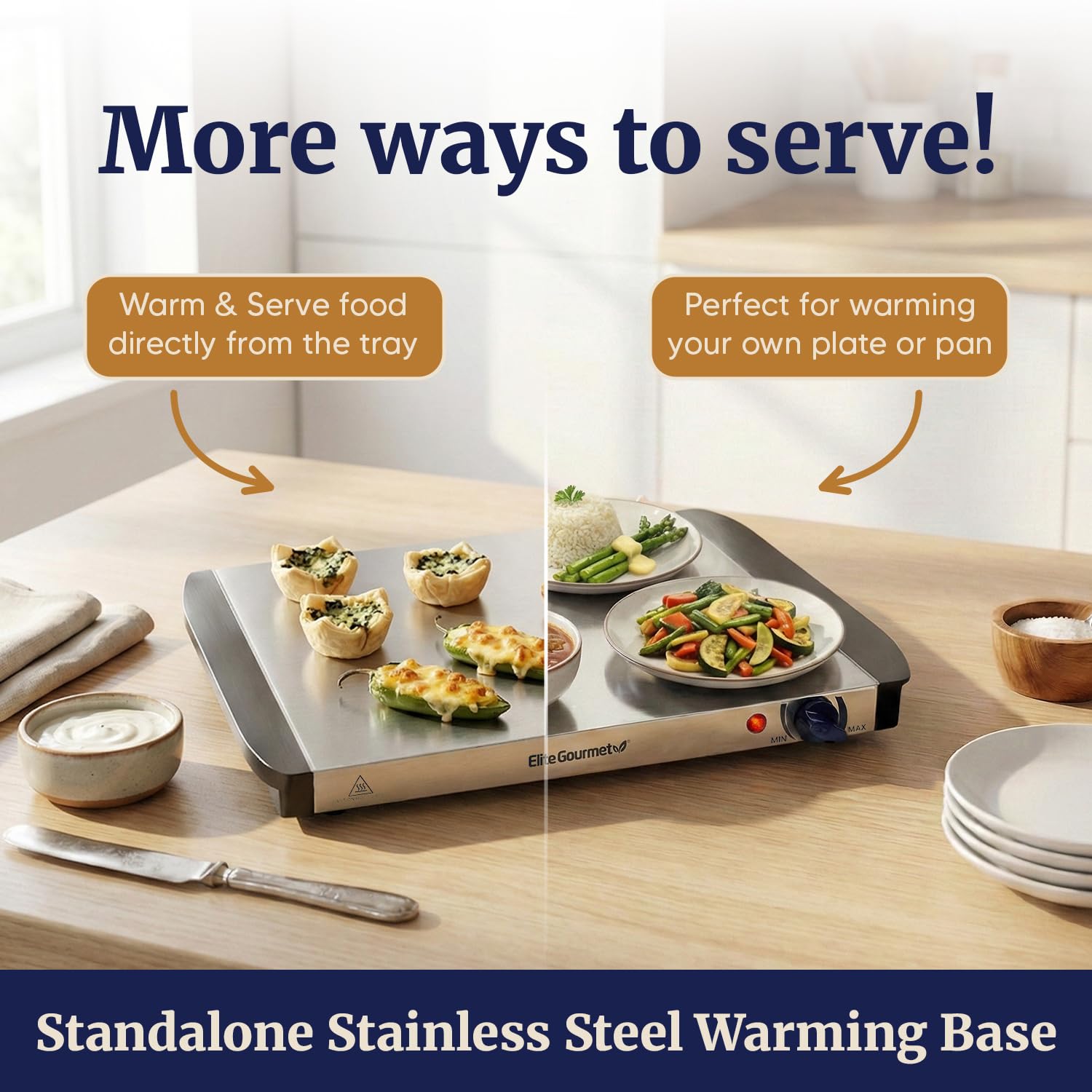 Elite Gourmet in-use on buffet table maintaining hot dishes for guests