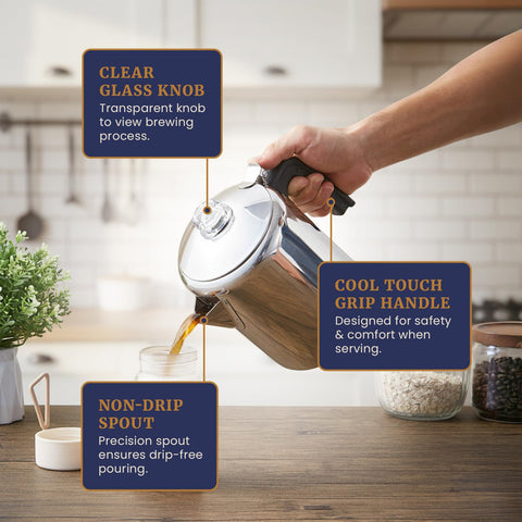 Elite Gourmet side view with cool-touch handle and drip-free spout for safe pouring