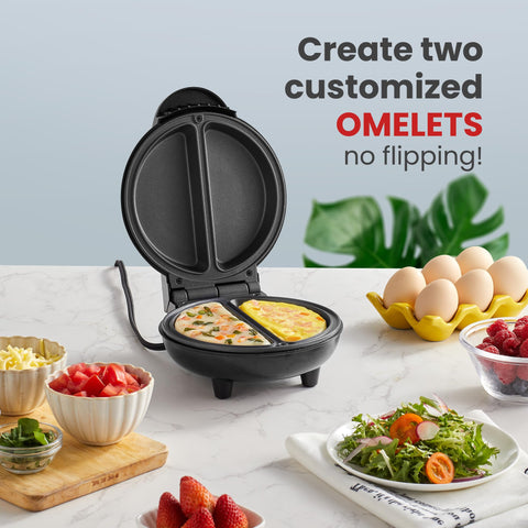 Elite Gourmet size comparison with hand illustrating portable countertop benefit