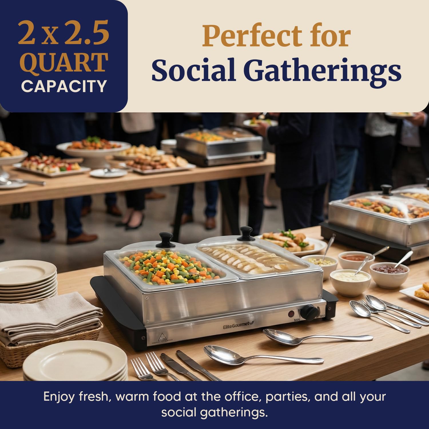 Elite Gourmet close-up stainless-steel pans highlighting easy cleaning benefit