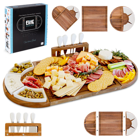 The Elite Snacker front view of full acacia board set and accessories showing elegance