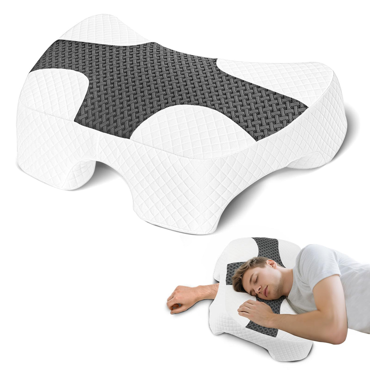 Eliteguard front view grey pillow showing ergonomic shape and support