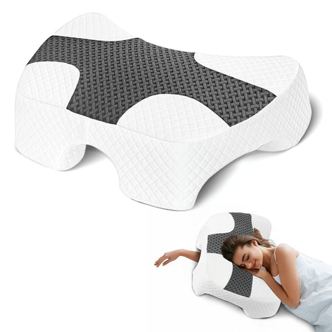 Eliteguard front view of grey side sleeper pillow showing shape and benefits